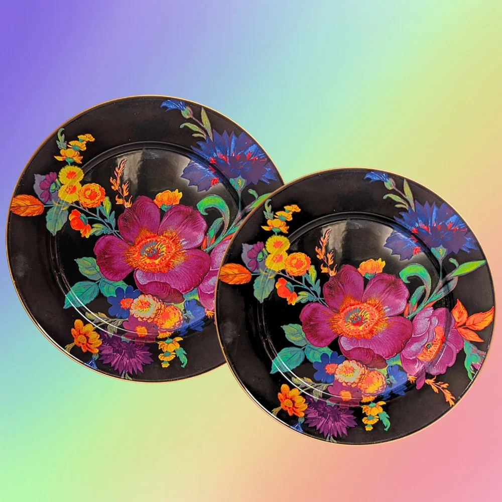 MacKenzie Childs Black Flower Market Enamel Charger Plates 12 inch, Set of 4
